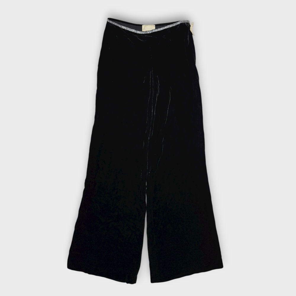 NWOT Luisa Beccaria Luxurious Black Velvet Wide-Leg Pants with Beaded Waistband